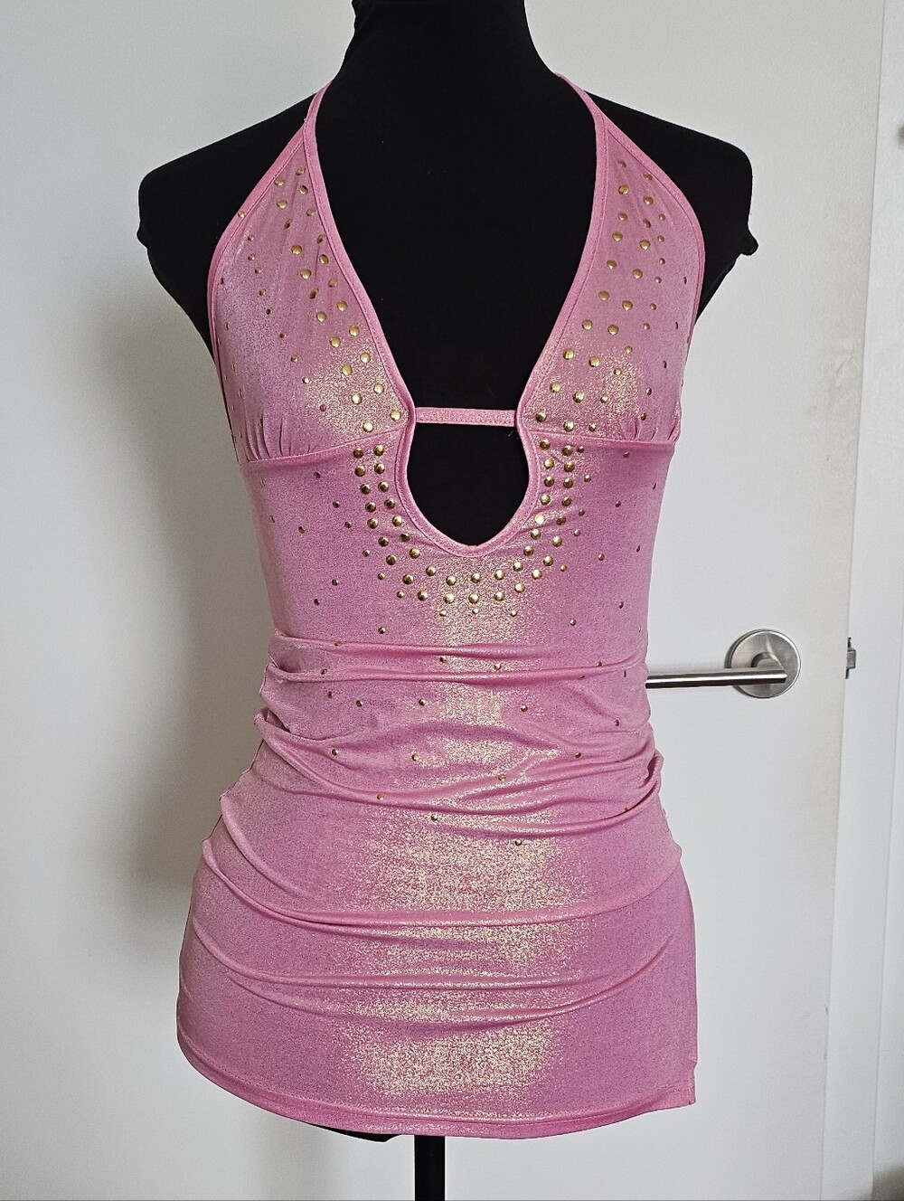 Next Divas Pink Metallic Halter Mini Dress with Gold Stud Accents